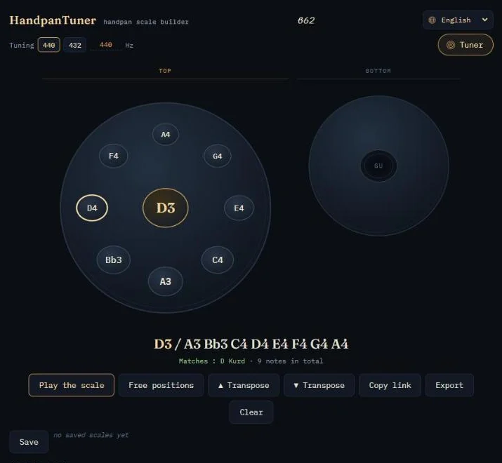 Handpan scale builder showing a D Kurd scale on a handpan layout, with play, transpose and export buttons